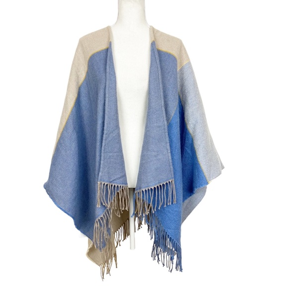Color Block Two-Way Stole/Poncho Blue and Tan with Fringe One Size - Picture 1 of 8